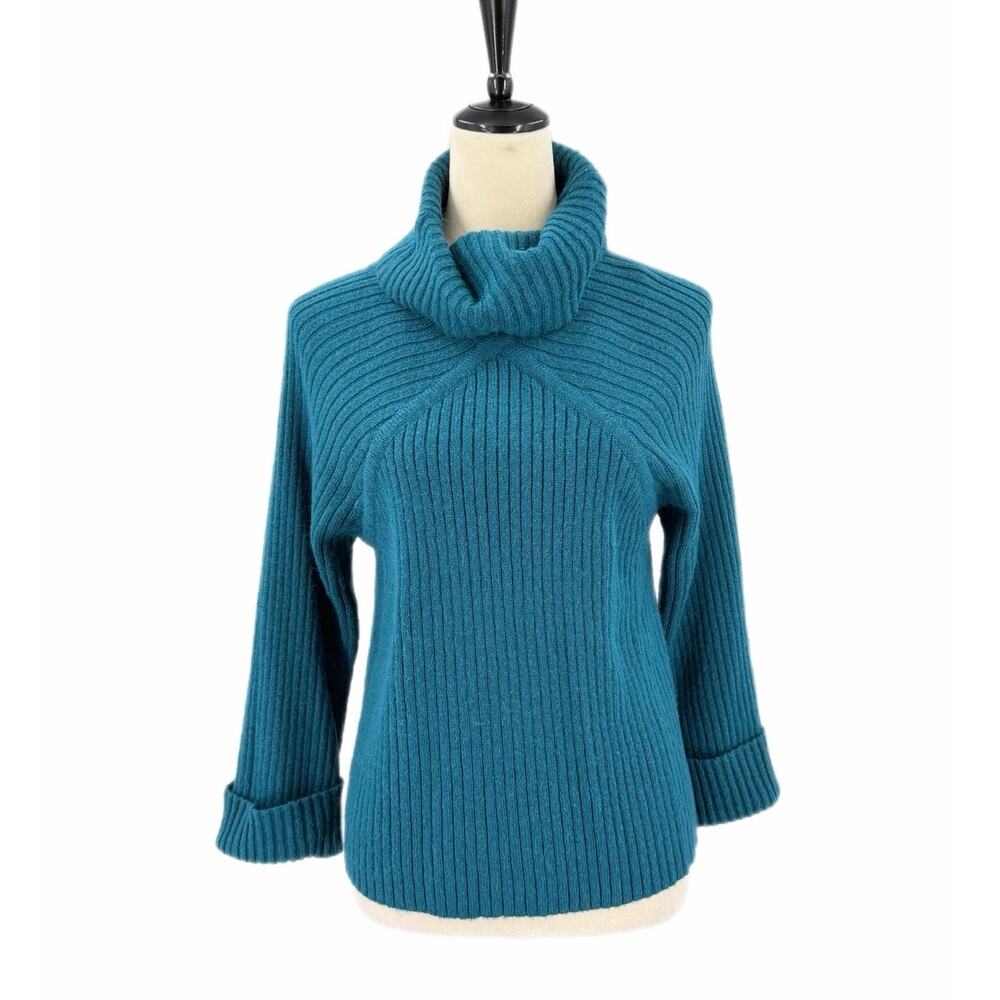 Chico’s Sz 0 Teal Ribbed Knit Turtleneck Corpcore Chic Fall Winter Cozy Sweater